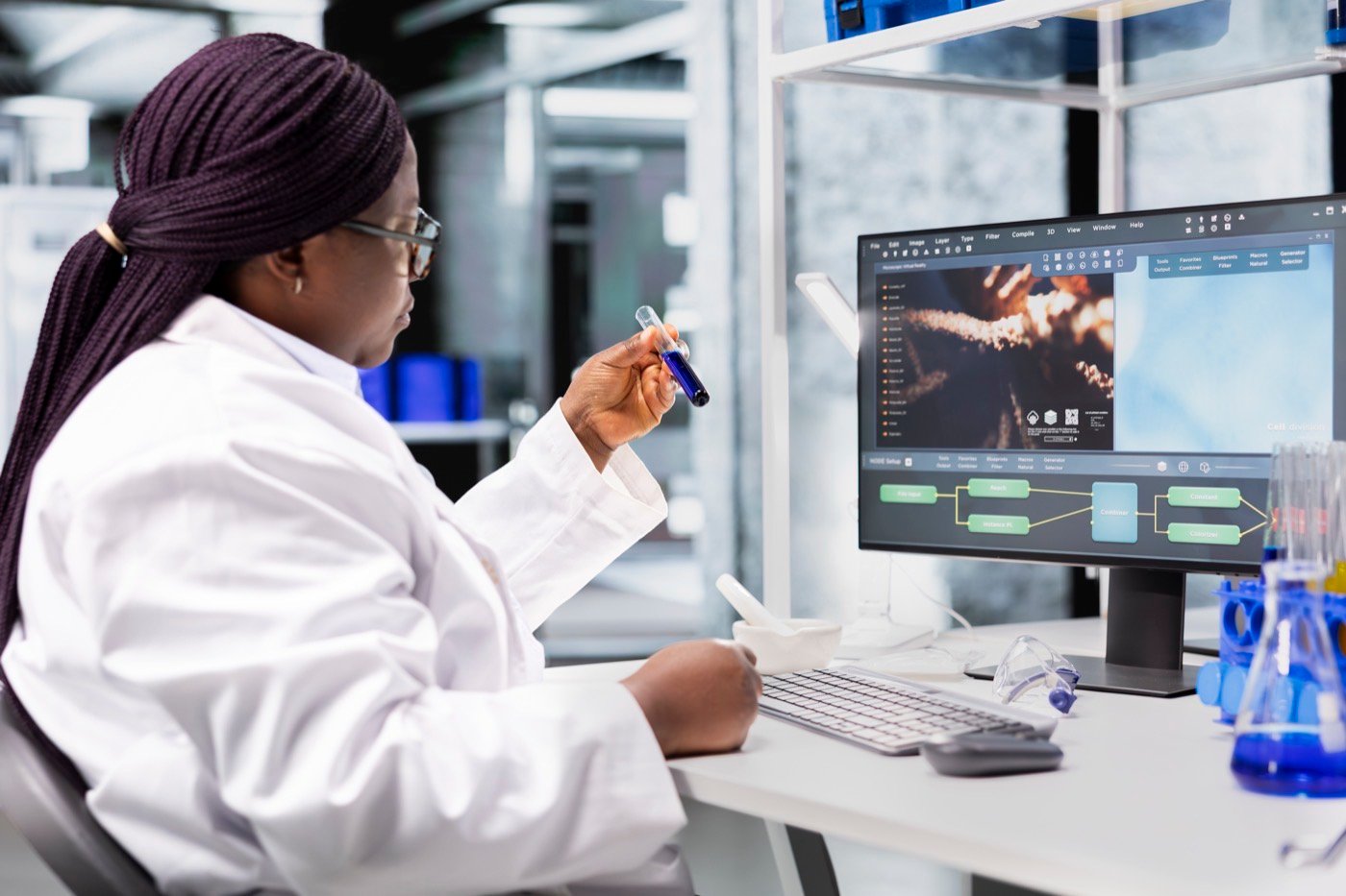 Chercheuse analysant un échantillon en laboratoire